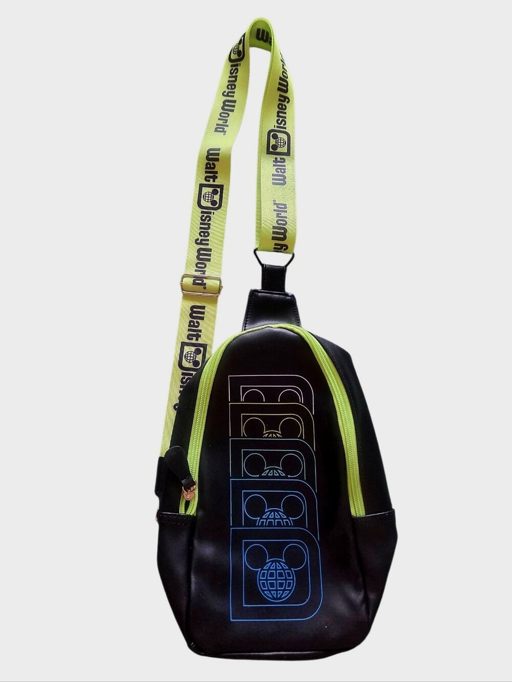 Walt Disney World Mickey Globe Logo Neon Lime Accent Black Crossbody Sling Bag